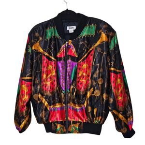 Vintage Mighty Bomber Jacket Festival Print Gold Rope‎ Trompe L'oeil Retro
